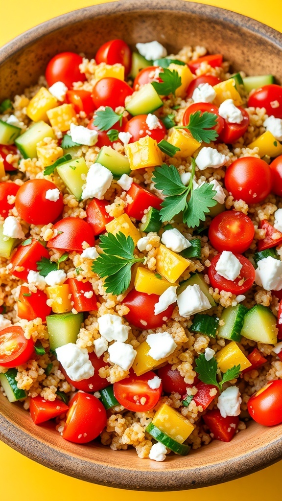 A colorful quinoa salad with tomatoes, cucumbers, bell peppers, and feta cheese in a rustic bowl.